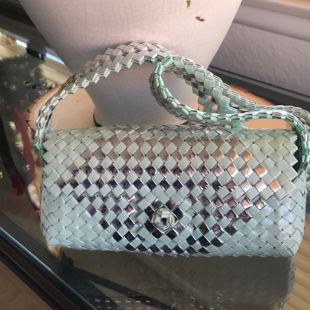 VERY UNIQUE VEGAN PURSE, it is in pristine condition, mint green & silver